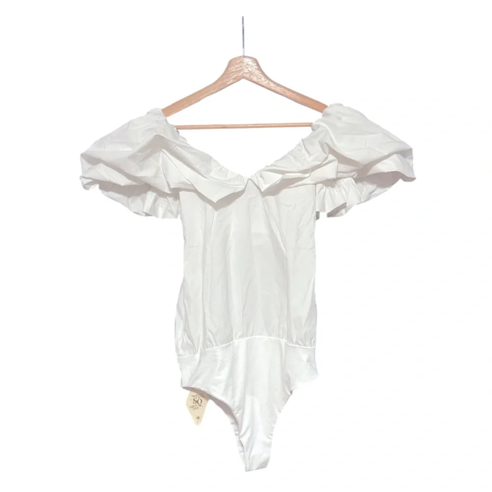 Square Bear “Never Too Much” White Puff Sleeve Bodysuit • NWT • Size S - Picture 2 of 10